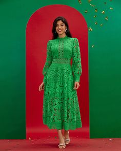 Create a timeless classic look with this Vintage Green Lace Long Dress. Cut from romantic lace fabric, this dress is an elegant addition to any wardrobe. With its exquisite detailing, its long sleeve length and romantic lace pattern, it conveys an aura of exquisite sophistication. The perfect choice for an evening out or special occasion. Our Style No.XW101305 Height - 66.9"/170cm Bust - 33.8"/86cm Waist - 24.4"/62cm Hips - 36.2"/92cm and wears size M About Wholesale/Dropshipping, please contact Long Sleeve Lace Wedding Dress With Lace Cuffs, Long Sleeve Lace Dress With Lace Cuffs, Scalloped Lace Long Sleeve Dress, Green Lace Trim Dress For Fall, Long Sleeve Scalloped Lace Dress, Long Sleeve Scalloped Lace Dress For Party, Elegant Midi Dress With Lace Patchwork For Garden Party, Elegant Fall Lace Dress, Long Sleeve Dresses With Lace Trim For Garden Party