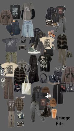 a collage of clothes and shoes with the words grunge fits