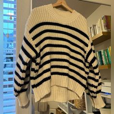 H&M Striped Sweater In A Cream And Black Color. Nwt, Never Worn Before. Mango Black And Tan Striped Sweater, H&m Striped Sweater, Striped Sweater Black, Hm Black White Abstract Sweater, Black And White Striped Knit Sweater, Striped Sweaters, Crochet Inspo, Striped Sweater, Black Cream