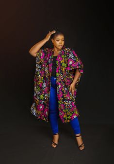 The Mai Mai Kimono is the perfect addition to your wardrobe for any special occasion. Crafted with intricate details and beading, this kimono will definitely dazzle. Elevate your look and make a statement with this luxurious piece. Kimono comes with luxe Crystal beads at the back. One size fits all. Model is wearing a size 14 HandWash Only Kimono Ankara Styles, Ankara Kimono Style, Ankara Kimono Jacket, Kimono Ankara, Jacket Tutorial, African Kimono, Ankara Kimono, Rich Auntie, Bubu Gown Styles