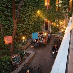 people sitting at tables in an outdoor patio area with lights on the trees and ivy covered walls