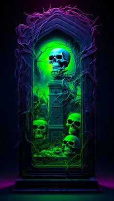 two skulls in front of a green door with purple and blue light coming from it