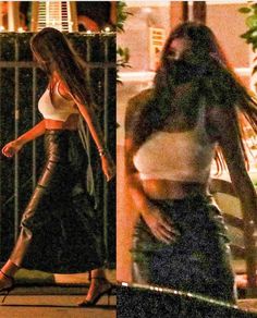 two pictures of a woman in leather pants and white crop top walking down the street