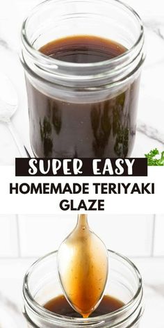 homemade teriyaki glaze in a glass jar with a spoon on the side