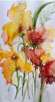 watercolor painting of yellow and red flowers