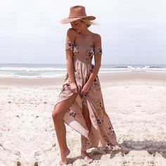 OFF-THE-SHOULDER FLORAL HIGH SLIT MAXI DRESS Floral Chiffon Dress, Beach Dresses Summer, Mode Boho, Short Sleeve Maxi Dresses, Off Shoulder Fashion, Beach Maxi Dress, Maxi Robes, Style Maxi Dress, Women Long Dresses