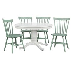 a white table and four chairs with green paint on the top, against a white background