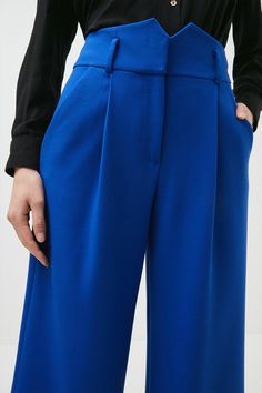 Look Chic As You Pound City Streets In These Office-Appropriate Trousers. Spun From Rich, Stretchy Fabric, They Show Off A Wide-Leg Silhouette And Sophisticated Notched Detailing At The Waistline. Wear Them With Our Matching Waistcoat And Jacket For A Considered Work Look. Pinterest Contest, Blue Trousers, Wool Trousers, Work Looks, Karen Millen, High Waisted Trousers, City Streets, Fashion Face, Look Chic