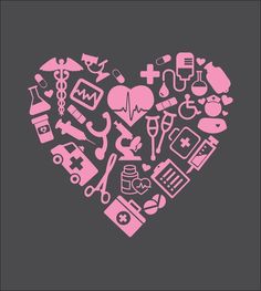 a heart made up of medical icons on a gray background with pink outline in the center