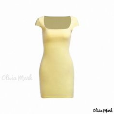 Olivia Mark - Seductive Low-Neck Short Bodycon Dress with a Flattering Fit Solid Color Non-stretch Mini Bodycon Dress, Solid Mini Dress With Ruched Back, Stretch, Beige Bodycon V-neck Mini Dress, Yellow Non-stretch Mini Dress, Yellow Bodycon V-neck Mini Dress, Short Bodycon Dress, Olivia Mark, Bodycon Dress