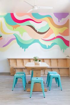 the colorful wall is painted with different colors and shapes, along with three small stools