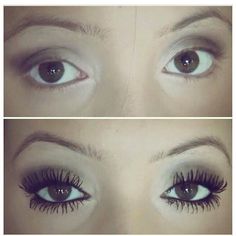 three pictures of the same woman's eyes with long lashes