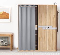 an open closet door with a curtain in the middle and a cat cage on the floor next to it