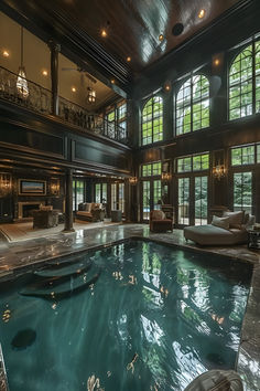 a large indoor swimming pool in the middle of a living room with lots of windows