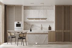 a modern kitchen with marble counter tops and wooden cabinets, along with two black chairs