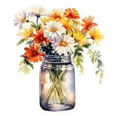 watercolor painting of daisies in a mason jar