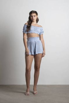 Pretty Swimwear, Bardot Neckline, Off Shoulder Crop Top, Vacation Outfit, Flatform Sandals, Crop Top And Shorts, Striped Rompers, Shoulder Crop Top