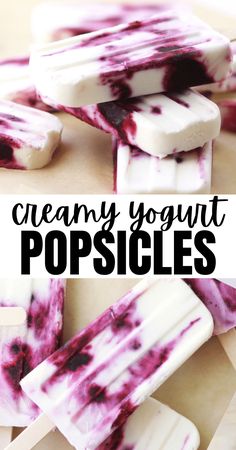 homemade popsicles with blue and white swirled toppings on top, in front of the words creamy yogurt popsicles