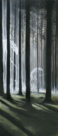 a painting of trees in the middle of a forest with white light coming from them