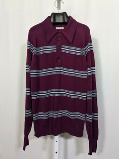 Vintage 60s Ban-Lon Rondi Plum Italian Knit Rockabilly Shirt L Deadstock. Appears to be unworn. Vibrant colors. Pit to pit: 21" Length: 27 1/2" Middle neck to cuff: 37" Retro Fitted Cotton Sweater, Fitted Retro Cotton Sweater, Fitted Cotton Retro Sweater, Retro Collared Polo Sweater For Fall, Vintage Striped Cotton Sweater, Vintage Cotton Polo Sweater For Fall, Retro Cotton Collared Sweater, Retro Collared Cotton Sweater, Retro Long Sleeve Cotton Polo Sweater