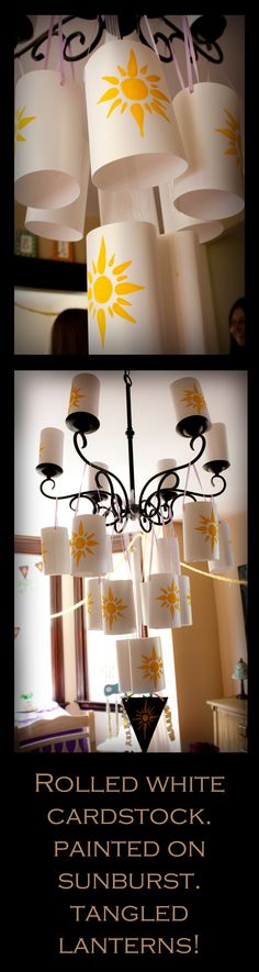 a chandelier with white lamps hanging from it's sides and the words rolled white on top