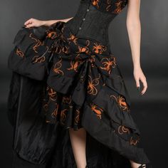 New Perfect For Halloween, Renaissance & Medieval Fairs, Steampunk, Victorian, Or Cosplay Events. Beautifully Detailed And Well Made Victorian Front Bustle Skirt. Imported From Prague. Side Zipper- Back Satin Ribbon Cinch Detail- Back Longer With Three Layers- Front Satin Ties Cinch To Create Front Bustle- Back Inner Panel Is Lined Black And Brown Cotton Octopus Fabric With Polyester Lining Women's Size Medium, Large, And Xl Length (Top To Shortest Bottom Hem Uncinched): 26.5 Inches- Longest Bot Victorian Bustle Skirt, Steampunk Costume Skirt In Black, Black Steampunk Skirt For Costume, Steampunk Style Black Costume Skirt, Black Steampunk Corset Dress For Halloween, Steampunk Halloween Costume Skirt, Black Ruffled Bottoms For Cosplay, Fitted Black Skirt For Halloween, Black Steampunk Bottoms For Costume Party