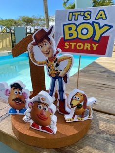 toy story characters are posed in front of a pool