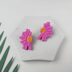 two pink flowers are sitting on a plate next to some green leaves and one is made out of felt