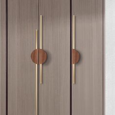 a wooden cabinet with two round knobs on the front and one door handle is shown