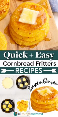 collage image showing a close up of Quick + Easy Cornbread Fritters Recipe and the 4-steps to make the recipe. Puerto Rican Corn Fritters, Corn Bread Pancakes, Corn Pancakes Recipe, Cornbread Cakes, Cornbread Fritters, Cornbread Pancakes, Cornmeal Recipes, Easy Cornbread, Budget Snacks