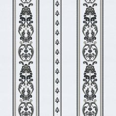 a white and black striped wallpaper with an ornate design on the bottom half of it