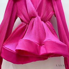 Lasaky - Elegant Vintage Collar Design Waist-Belted Pleated Chiffon Blouse in Solid Color with 3D Floral Embellishments Chiffon V-neck Blouse For Parties, Glamorous Pink V-neck Blouse, Chiffon Long Sleeve Party Blouse, Long Sleeve Chiffon Blouse For Party, Elegant Party Dress With Padded Blouse, Chiffon V-neck Party Blouse, Party V-neck Chiffon Blouse, Party Chiffon V-neck Blouse, Spring Party Chiffon Blouse