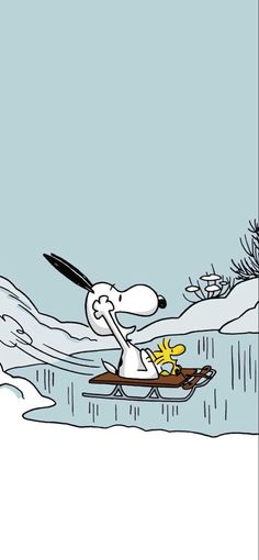 a cartoon dog on a sled in the snow with another dog looking at him