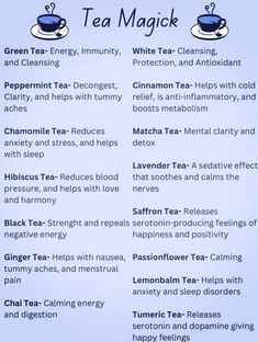 the tea magick recipe is shown on a blue background