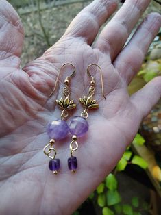 Amethyst Necklace & Drop Earring Set - Etsy Gold Gemstone Bead Drop Earrings, Gold Drop Earrings With Gemstone Beads, Gold Teardrop Earrings With Gemstone Beads, Handmade Purple Rondelle Jewelry, Handmade Amethyst Gold Earrings, Handmade Gold Amethyst Earrings, Purple Brass Drop Earrings, Gold Earrings With Gemstone Beads, Bronze Spiritual Jewelry With Matching Earrings