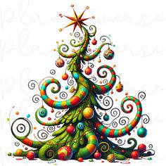 a colorful christmas tree with ornaments on it's top and an ornament in the center