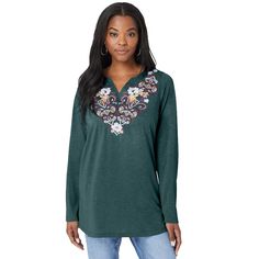 Elevate your wardrobe with the Roaman's Women's Plus Size Embroidered Notch Neck Tee. This elegant top features exquisite paisley embroidery that beautifully accents the notch neckline and sleeves, adding a touch of sophistication to any outfit.

- Size: 26/28
- Color: Deep Sage
- Material: Soft cotton
- Gender: Female
- Age Group: Adult
- Features: Three-quarter bell sleeves for a romantic, feminine flair

Perfect for casual dinners or stylish weekend getaways, this tee combines comfort with ch Paisley Embroidery, Lace Cardigan, Scoop Neck Tee, Ladies Of London, Weekend Getaways, Casual Wardrobe, Three Quarter, Stretch Cotton, Gender Female