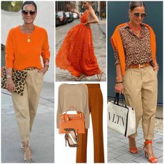 Orange Blouse Outfit Work, How To Style Orange Top, Beige And Orange Outfit, Coral Top Outfit, Orange Pants Outfit, Dresses 2023 Summer, Women Summer Dresses, Leopard Print Outfits