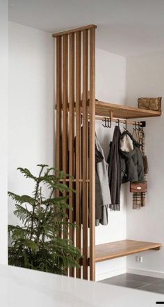 a coat rack with coats hanging on it next to a potted plant