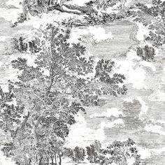 a black and white drawing of trees on a cloudy day with clouds in the sky