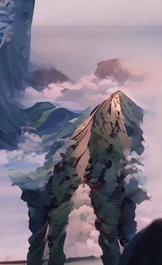 a digital painting of a mountain and clouds