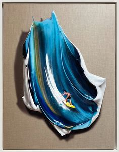 a painting of a person riding a surfboard on a wave in blue and yellow