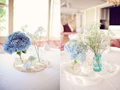 three different shots of blue flowers in vases on a white table cloth covered table