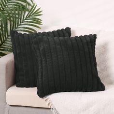 two black pillows sitting on top of a white couch next to a potted plant