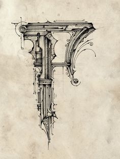 an old drawing of a clock with the letter f on it's face and hands