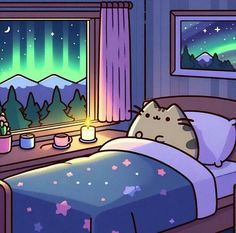 a cat is sitting on the bed looking out the window at the night sky and stars