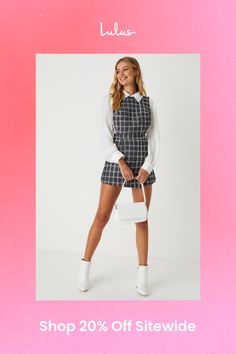 Autumn days are for effortless styles like the Lulus Uptown Charm Navy Blue Plaid Tweed Skort Romper! Chic woven tweed, with a plaid pattern throughout, shapes a bodice with adjustable wide straps (that have buttons at the back) and a wide neckline. Banded waist tops attached shorts that have a skort overlay panel, for a look you'll want to style all season long! Hidden zipper/clasp at back. Fit: This garment fits true to size. Length: Above mid-thigh. Size medium measures 27.75" from shoulder to hem. Inseam: 2.25 Front Rise: 14.25 Bust: Great for any cup size. Waist: Fitted - very fitted at natural waist. Hip: Loosely Fitted. Fabric: Fabric has no stretch. Lined. Shell: 100% Polyester. Lining: 100% Rayon. Hand Wash Cold. Do Not Bleach. Line Dry. Iron Low Heat. Imported. Lulus | Uptown Cha Houndstooth Tweed Dress For Work, Chic Houndstooth Tweed Dress For Work, Chic Houndstooth Tweed Dress, Chic Plaid Tweed Dress For Fall, Spring Plaid Tweed Dress, Fall Plaid Tweed Dress, Casual Tweed Dress For Fall Workwear, Spring Houndstooth Tweed Dress For Work, Chic Plaid Tweed Dress