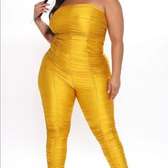 This Mustard Ruching Jumpsuit Is From Fashion Nova It’s In 1x Brand New Yellow Jumpsuits And Rompers For Night Out, Fitted Yellow Jumpsuits And Rompers For Party, Fitted Yellow Jumpsuit For Party, Gold Fitted Jumpsuits And Rompers For Summer, Fitted Gold Jumpsuits And Rompers For Summer, Fitted Yellow Jumpsuits And Rompers, Gold Jumpsuits And Rompers For Spring, Yellow Stretch Jumpsuit For Night Out, Sleeveless Gold Jumpsuits For Spring