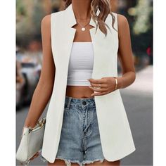 Classic White Open Front Collarless Blazer Vest Xs S M L Xl, Polyester Blend, Ships In 7-8 Days Long Sleeveless Vest, Elegant Vest, Collarless Blazer, Open Front Vest, Sleeveless Blazer, Peplum Shirts, Vest Blazer, Blazer Vest, Vest White