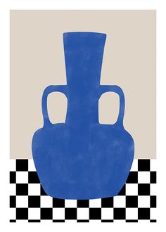 a blue vase sitting on top of a checkerboard floor in front of a white wall